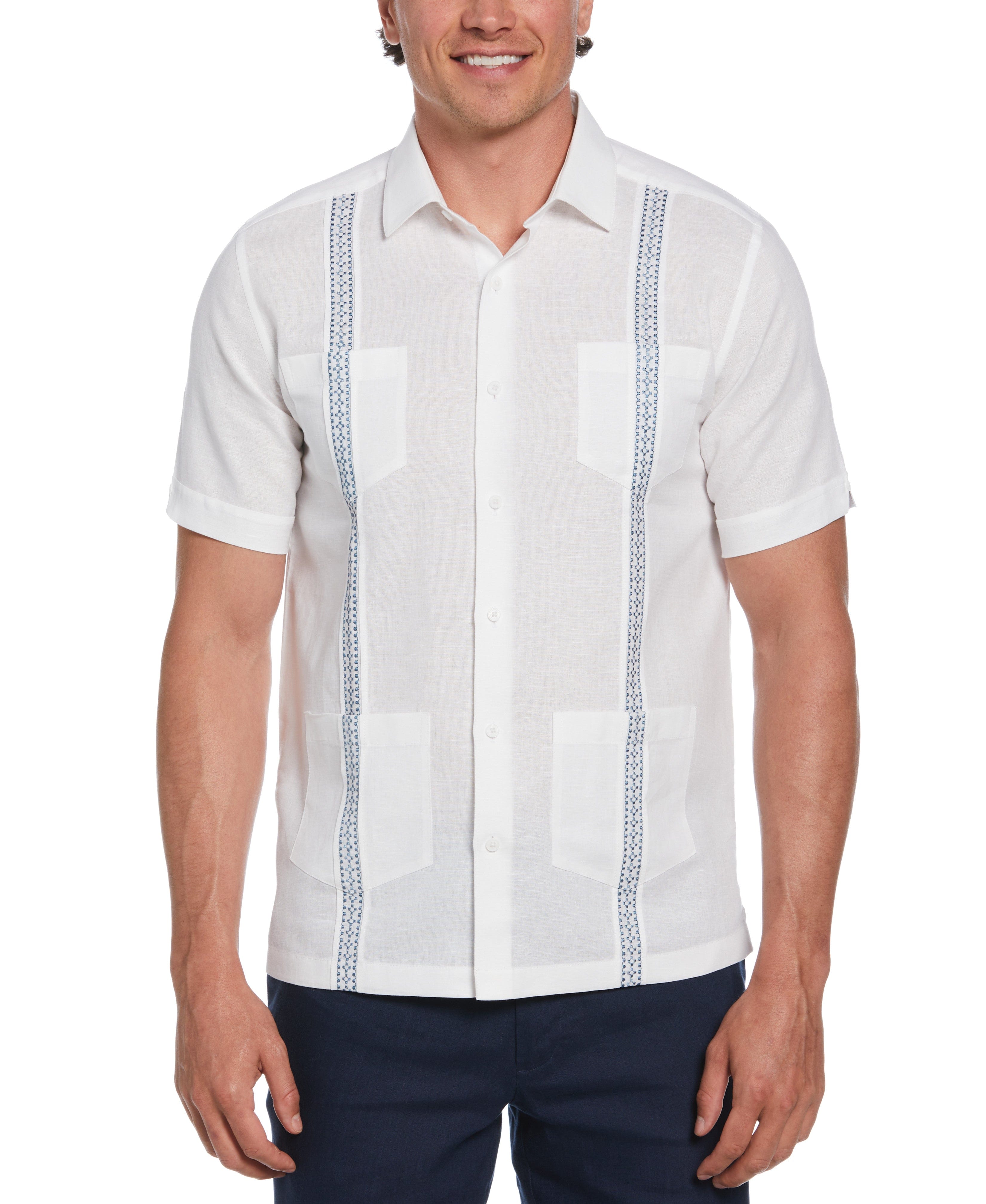 Big & Tall Linen Blend Guayabera Shirt With Geo Embroidered Panels