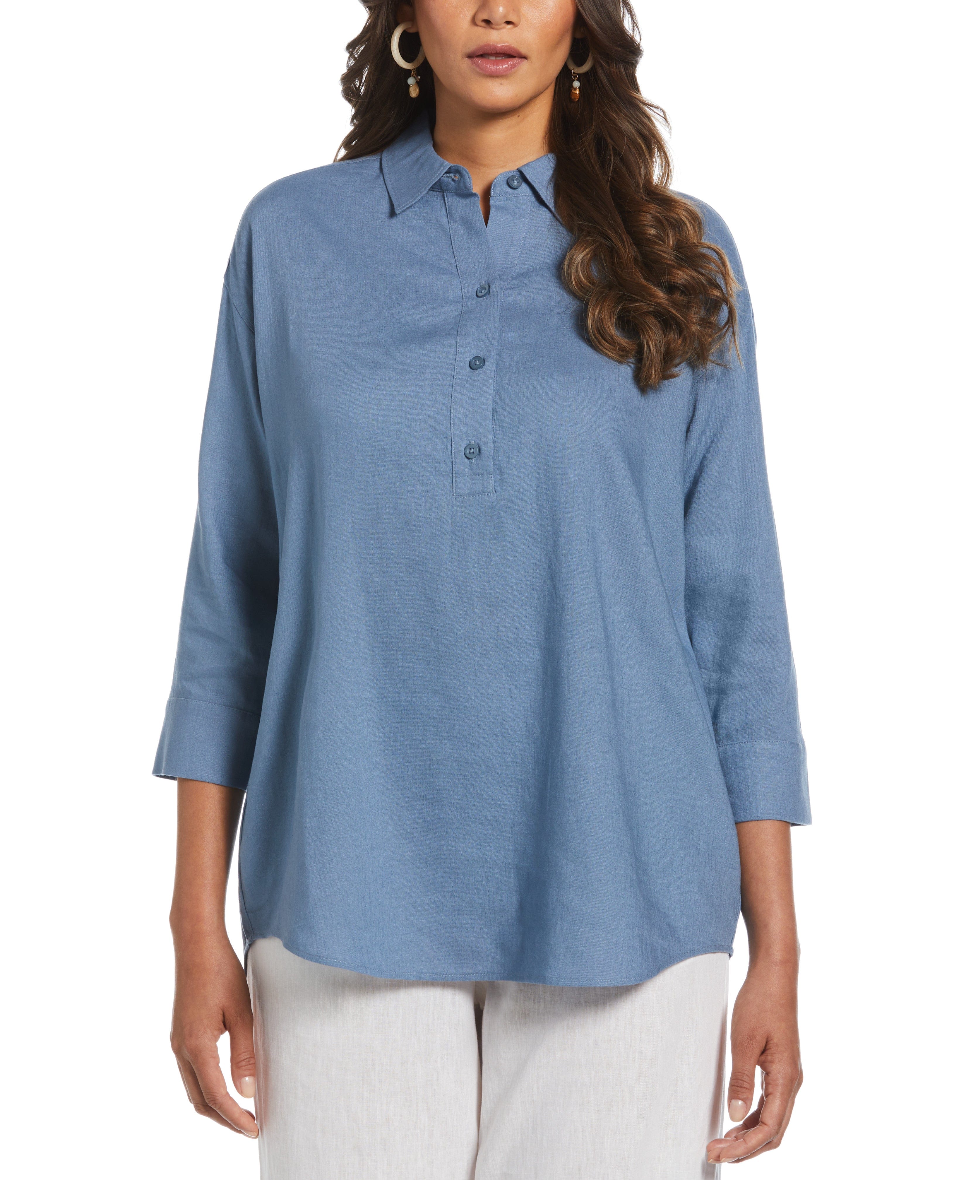 Linen Blend Solid Popover Shirt