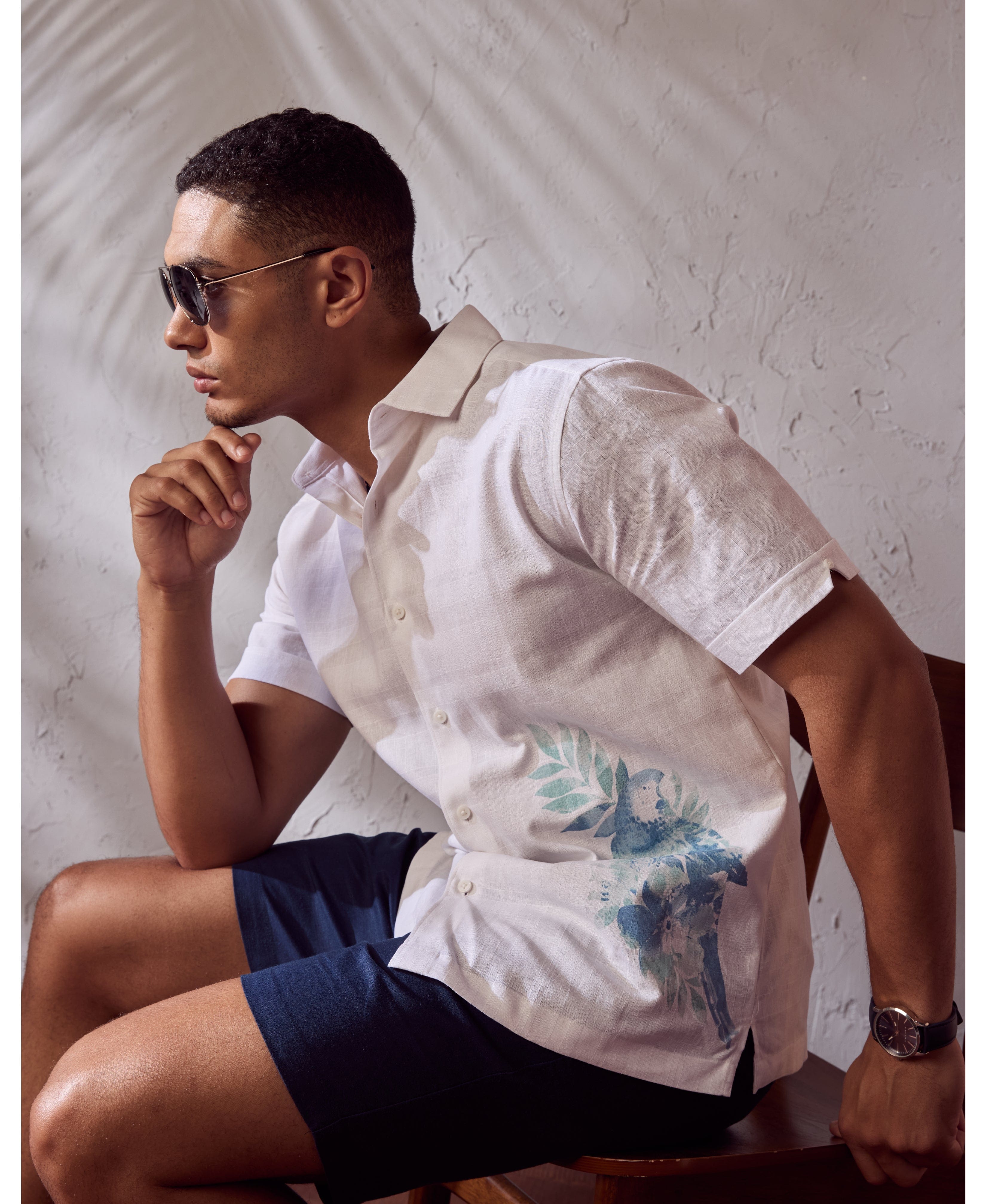 Linen Blend Tropical Print Shirt