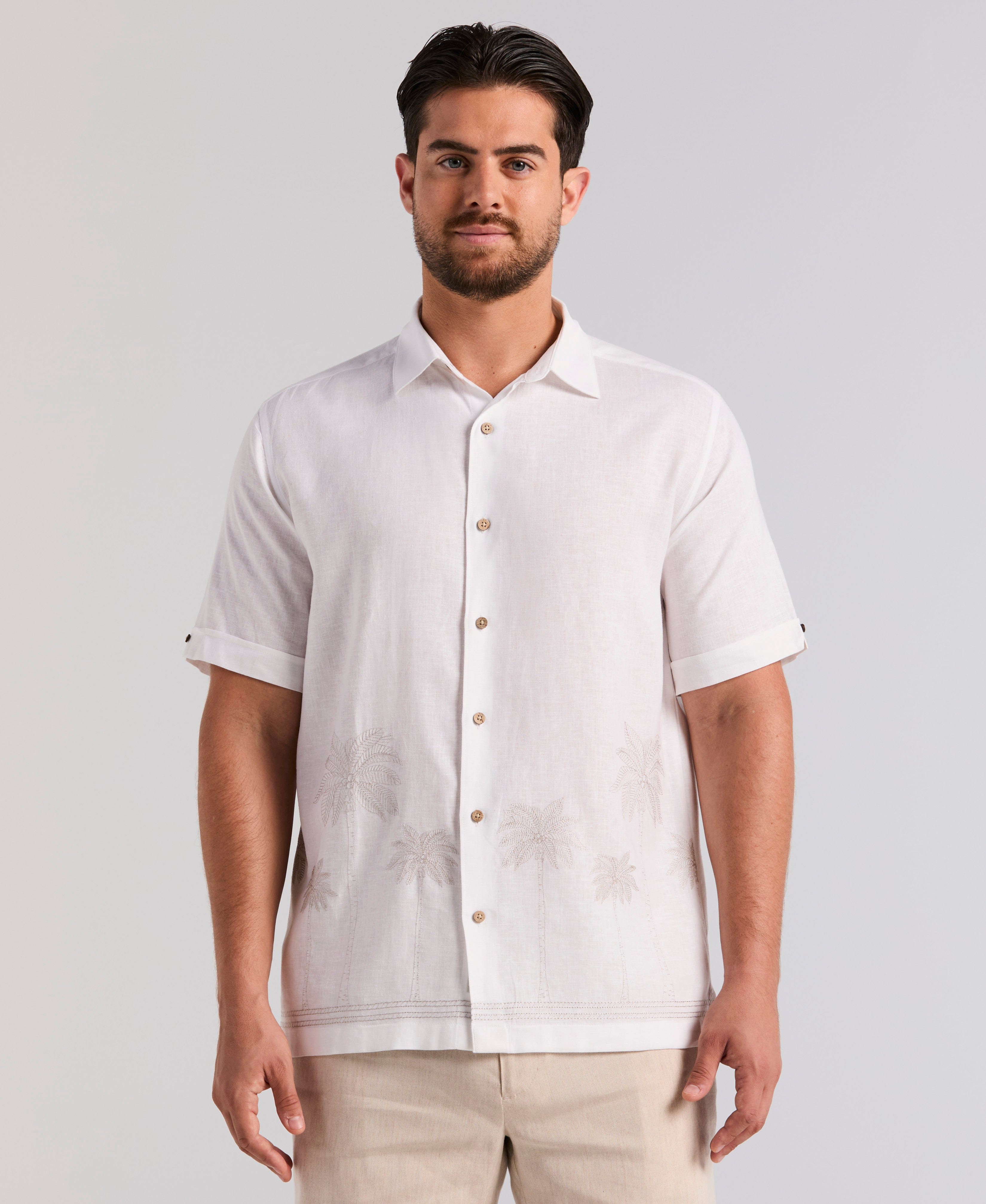 Linen Blend Border Palm Embroidered Shirt