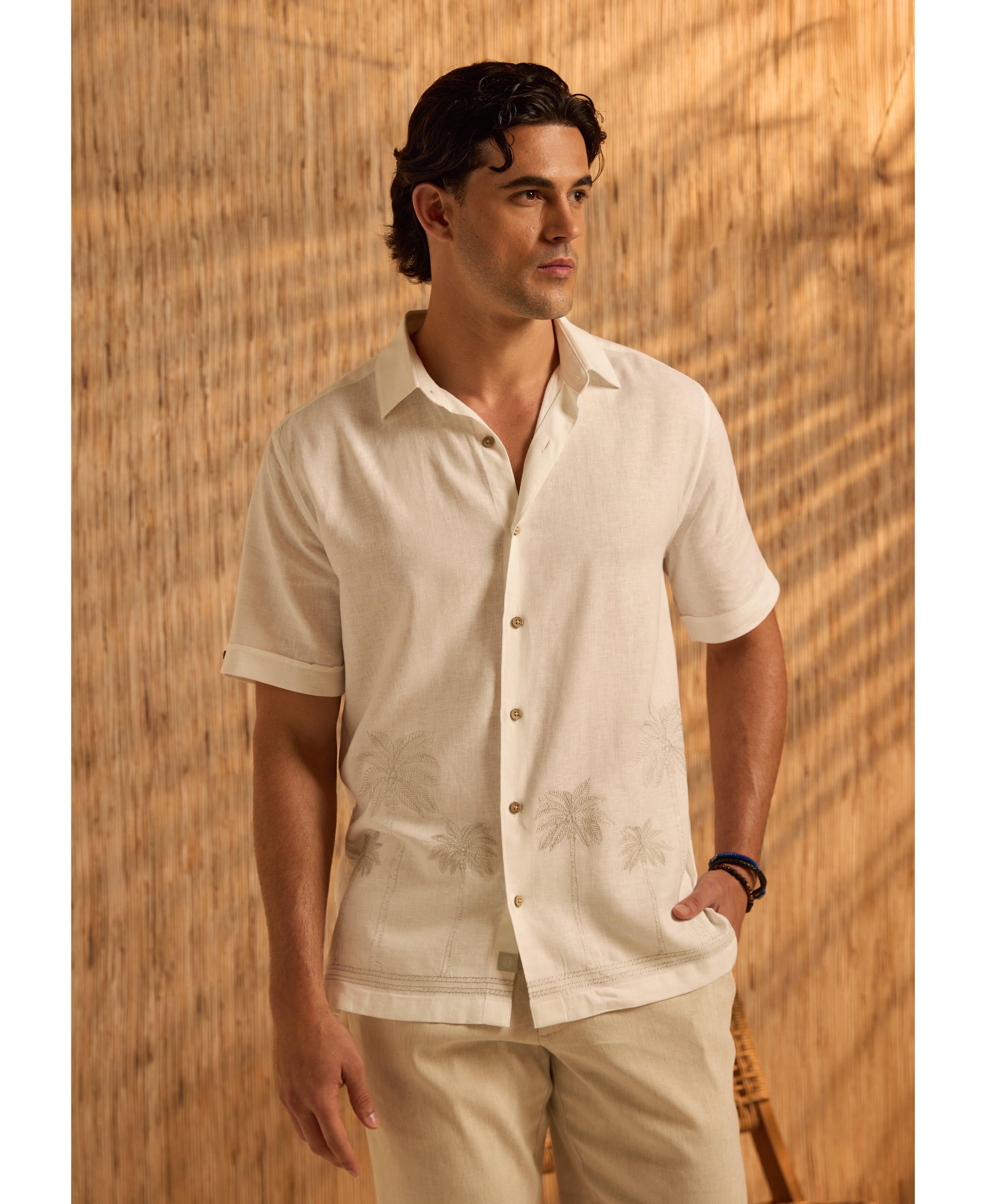 Linen Blend Border Palm Embroidered Shirt